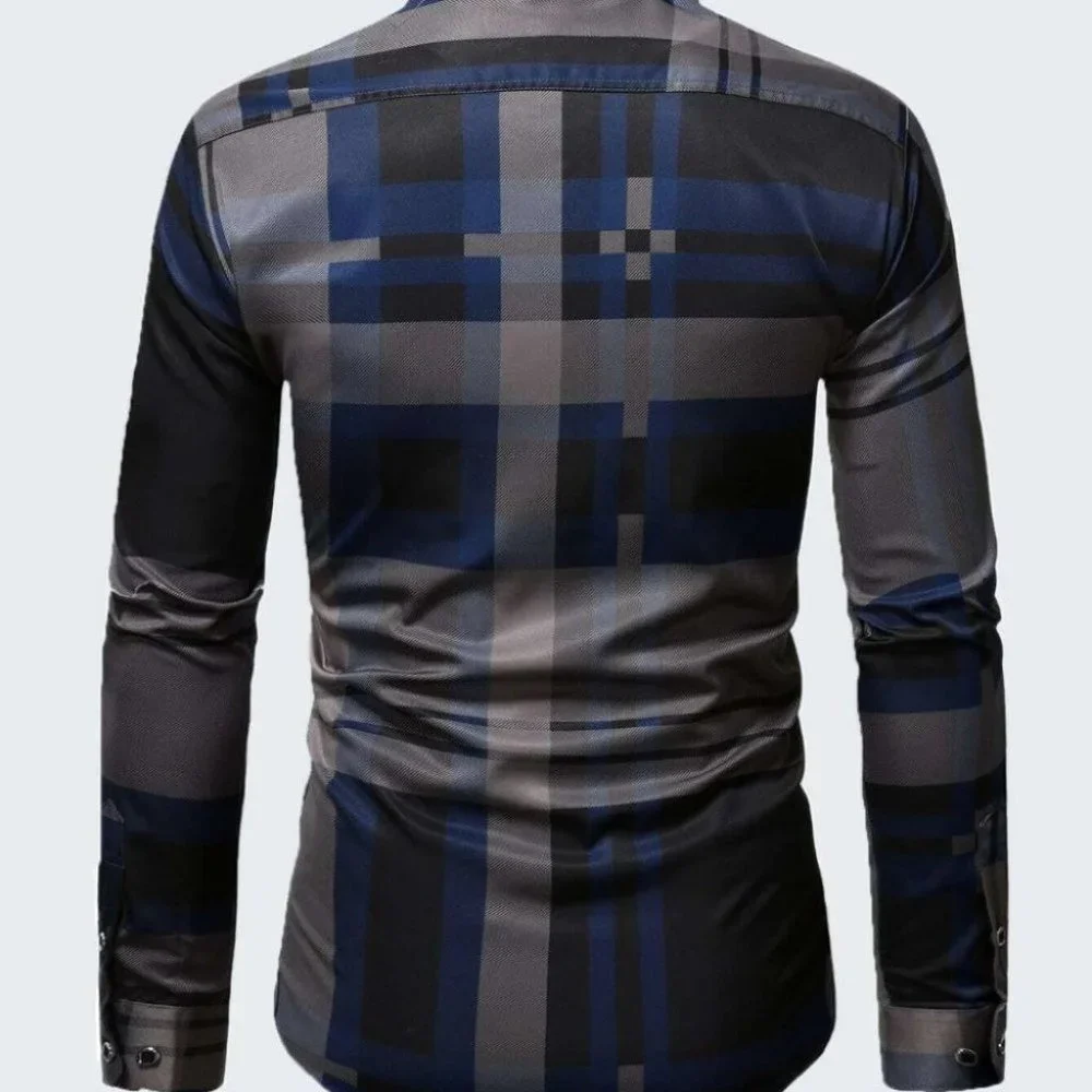 Business Casual Blue Men's Plaid Print Shirt - Picture 4 of 9